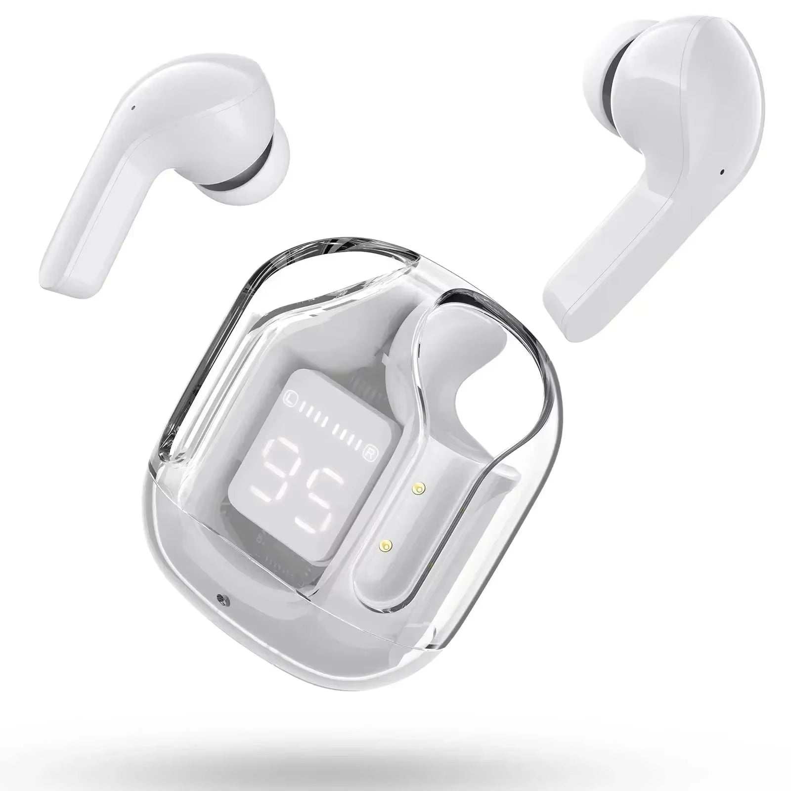 CrystalBeats BT30: Transparent TWS Bluetooth 5.3 Earbuds with Digital Display & Noise Canceling